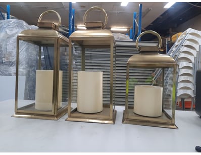 Three lanterns, two sizes, two missing front glass...