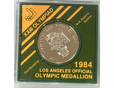 1984 LOS ANGELESS MEDALLION GOLD PLATED IN GREEN P...