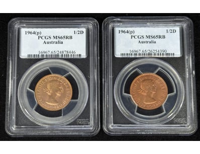 TWO PCGS GRADED 1964 (P) AUSTRALIAN HALF PENNY COI...