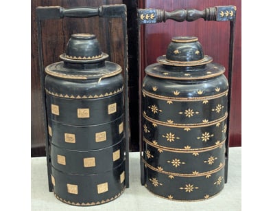 Two Burmese Wooden black lacquer stackable food co...