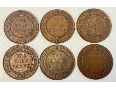 6X 1938 HALF PENNY COINS COMMONWEALTH OF AUSTRALIA...