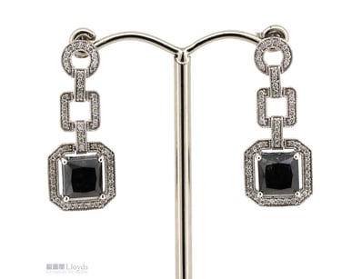 14K WHITE GOLD, BLACK DIAMOND AND DIAMOND, DROP EA...