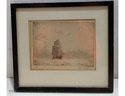 JOHN ALLCOTT SIGNED ETCHING - TALL SHIP AT SEA, LI...