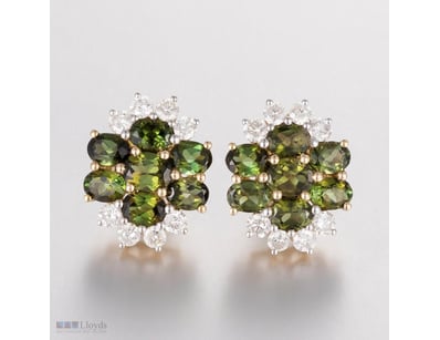 14CT YELLOW GOLD TOURMALINE AND DIAMOND FLORAL STU...