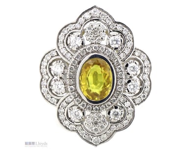 14K WHITE GOLD, YELLOW SAPPHIRE AND DIAMOND, ANTIQ...