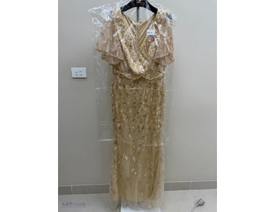 BEADED CHAMPAGNE EVENING GOWN WITH FLUTTER SLEEVES...