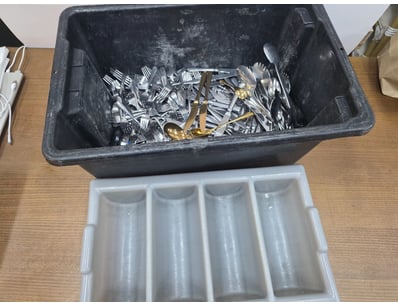 Tub of cutlery, bulk lot of dessert forks, butter ...