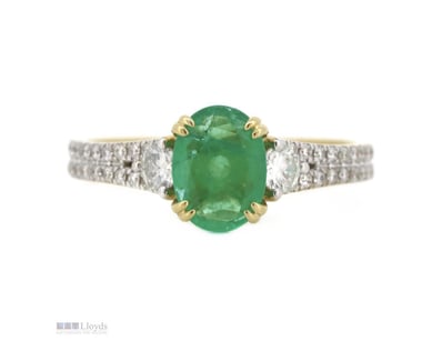 14K YELLOW GOLD, EMERALD AND DIAMOND, DRESS RING. ...