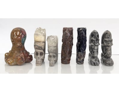 COLLECTION OF SEVEN CARVED STONE, CRYSTALS, AND JA...
