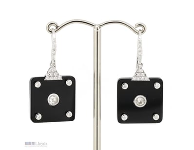 14K WHITE GOLD, ONYX AND DIAMOND, DROP EARRINGS.  ...