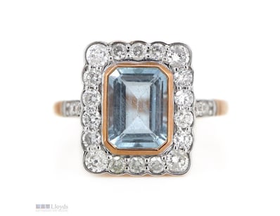 14K ROSE GOLD, AQUAMARINE AND DIAMOND, HALO RING. ...