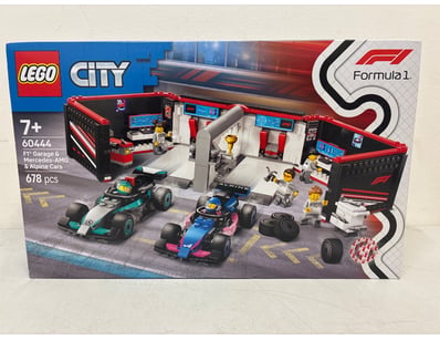 LEGO City Formula 1 set 60444 featuring an F1 Gara...