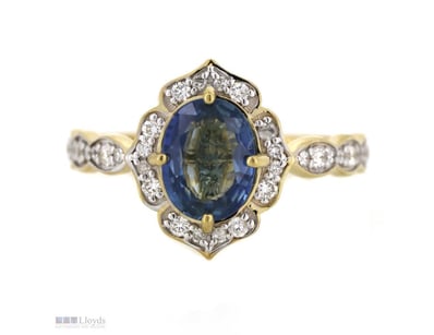 14K YELLOW GOLD, BLUE SAPPHIRE AND DIAMOND, HALO D...