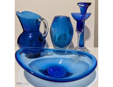 ASSORTED BLUE COLOURED GLASS ITEMS, SOME VERY HEAV...