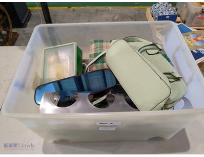 A box of assorted items inc; a picnic blanket, fir...