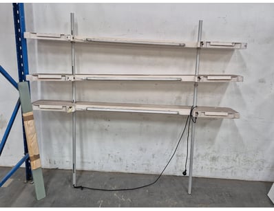 Wall mount shelving with lights, white finish.

...