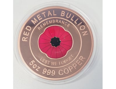 AUSTRALIAN RED METAL BULLION REMEMBRANCE 5OZ COPPE...
