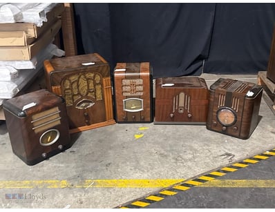 COLLECTION OF FIVE VINTAGE WOODEN RADIO RECEIVERS,...