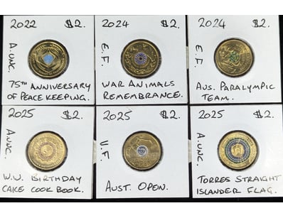 SIX COLOURED AUSTRALIAN TWO DOLLAR COINS

Coins ...