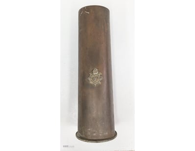 WWI BRITISH MILITARY ARTILLERY SHELL CASE WITH ROY...