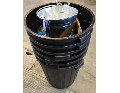Lot of black bins with silver steel bucket, plante...
