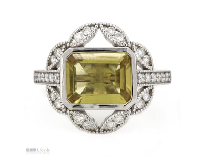 14K WHITE GOLD, HELIODOR AND DIAMOND, DRESS RING. ...
