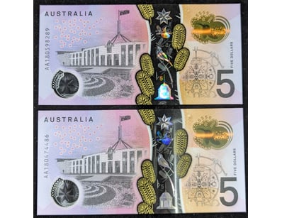 TWO 2018 FIRST PREFIX FIVE DOLLAR BANKNOTES, AA18...