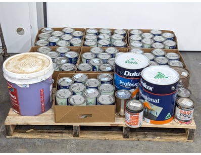 Pallet of paint, brands include Dulux, taubmans, b...