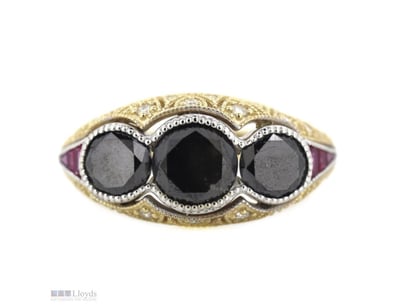 14K YELLOW/WHITE GOLD, BLACK DIAMOND AND RUBY, ORN...