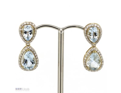 14K YELLOW GOLD, AQUAMARINE AND DIAMOND, HALO DROP...