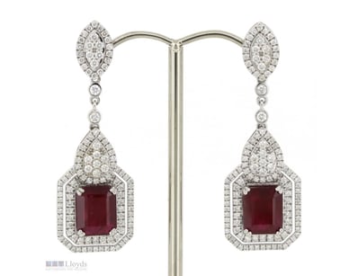 14K WHITE GOLD, RUBY AND DIAMOND, DOUBLE HALO DROP...