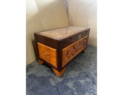 Chest, vintage style Chinese intricately carved ca...