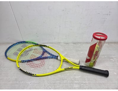 Tennis equipment bundle featuring two Wilson tenni...