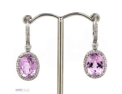 14K WHITE GOLD, KUNZITE AND DIAMOND, HALO DROP EAR...