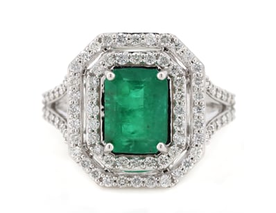 14K WHITE GOLD, EMERALD AND DIAMOND, DOUBLE HALO S...