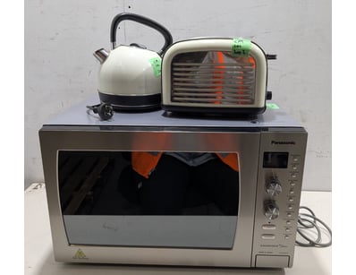 Kitchen appliance bundle featuring a Panasonic mic...