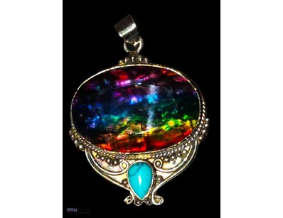 62 TCW AMMONITE STERLING SILVER AND TURQUOISE PEND...