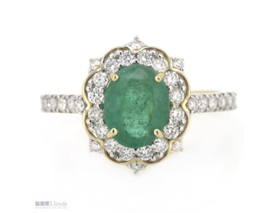 14K YELLOW GOLD, EMERALD AND DIAMOND, DRESS RING. ...