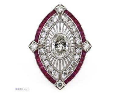14K WHITE GOLD, RUBY AND DIAMOND, ART DECO INSPIRE...