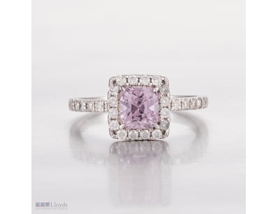 9CT WHITE GOLD AFGHAN KUNZITE AND DIAMOND HALO RIN...