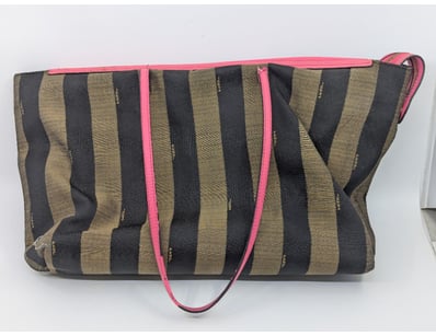 STRIPED CANVAS TOTE BAG WITH PINK LEATHER TRIM

...