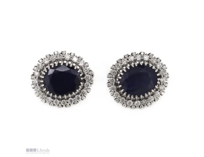 14K WHITE GOLD, BLUE SAPPHIRE AND DIAMOND, HALO EA...