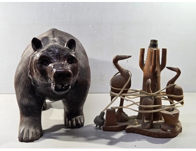 Ornaments, including large carved bear and carved ...