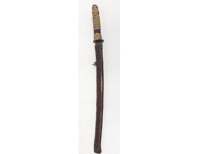 JAPANESE WAKIZASHI SHORT SWORD WITH LEATHER SCABBA...
