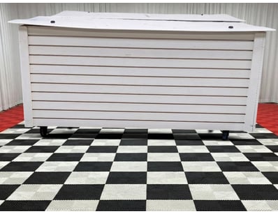 Outdoor Storage, white slatted design on wheels, h...