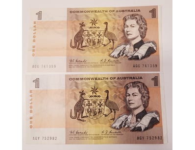 AUSTRALIAN $1 BANKNOTES , R72 (F)

CV : $75 EACH...