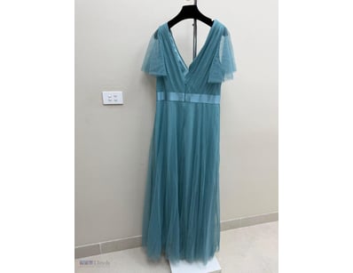 SLATE BLUE TULLE EVENING GOWN WITH FLUTTER SLEEVES...