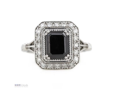 14K WHITE GOLD, BLACK DIAMOND AND DIAMOND, HALO RI...