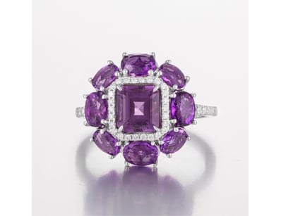 14CT WHITE GOLD AMETHYST AND DIAMOND STATEMENT RIN...