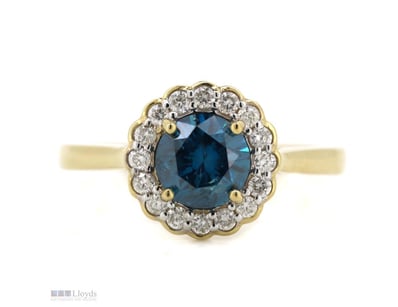 14K YELLOW GOLD, BLUE DIAMOND AND DIAMOND, HALO RI...